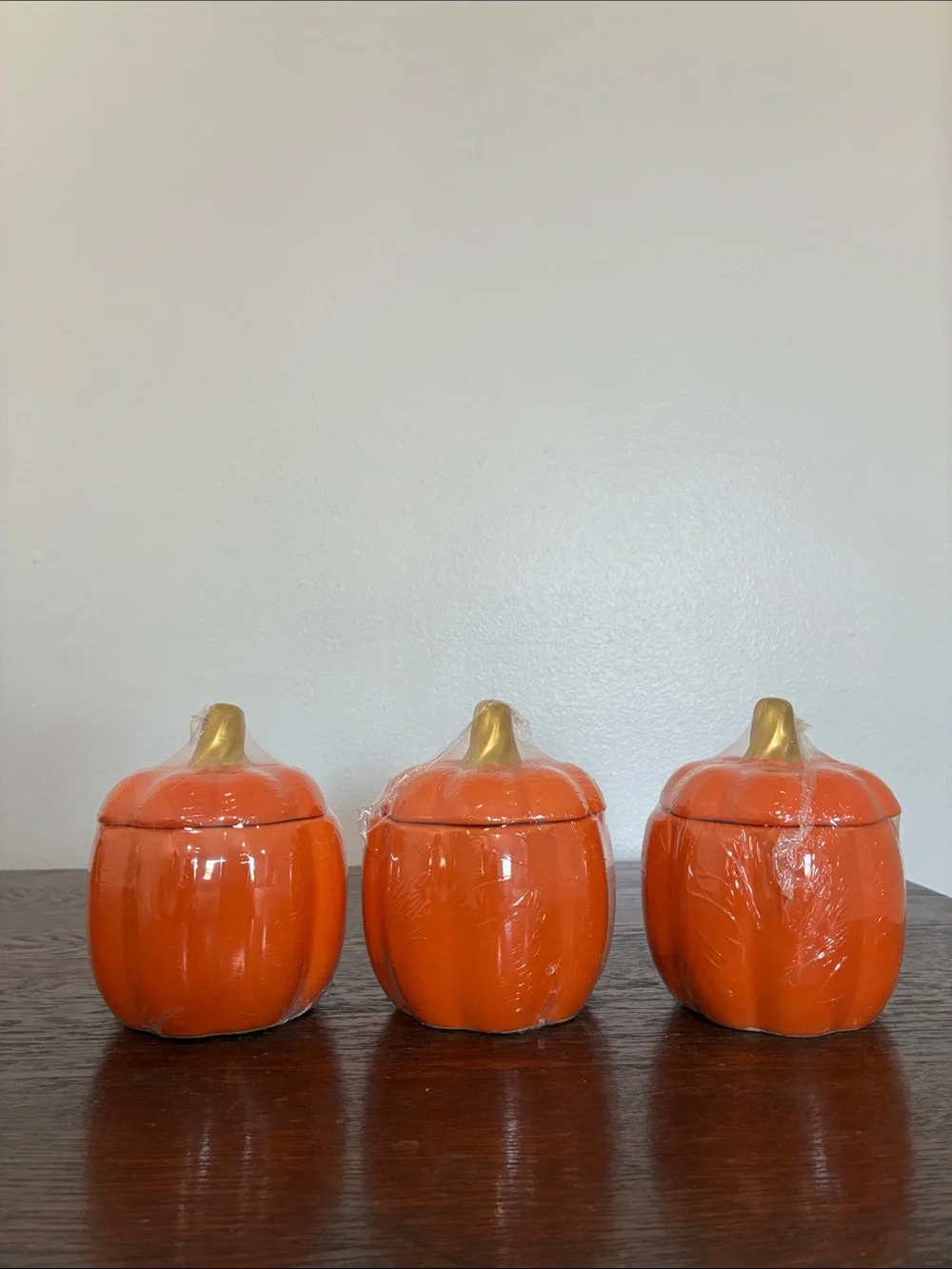 NWT- Set of 3- Orange Ceramic Pumpkin Jars with Lid & Gold Stems